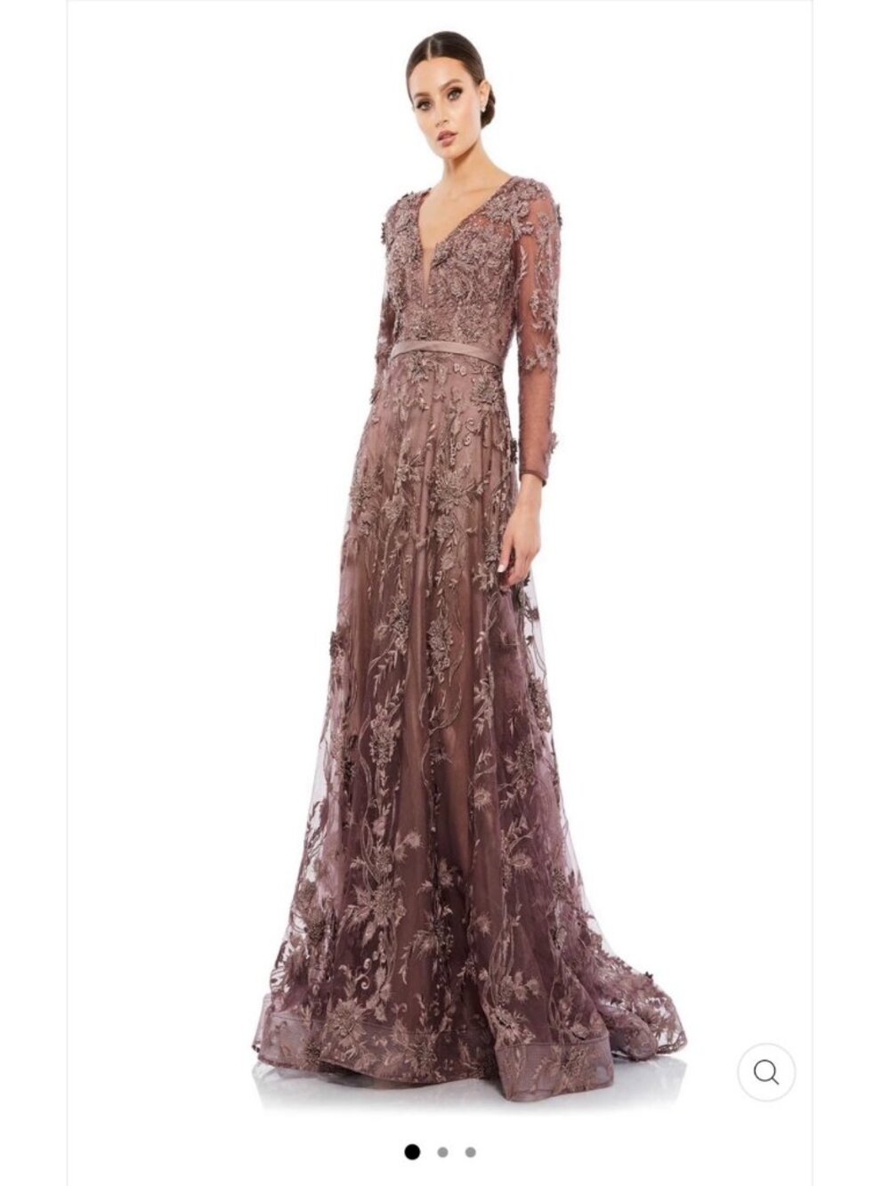 Mac Duggal Mauve Embroidered V-Neck Long Sleeve Maxi Gown